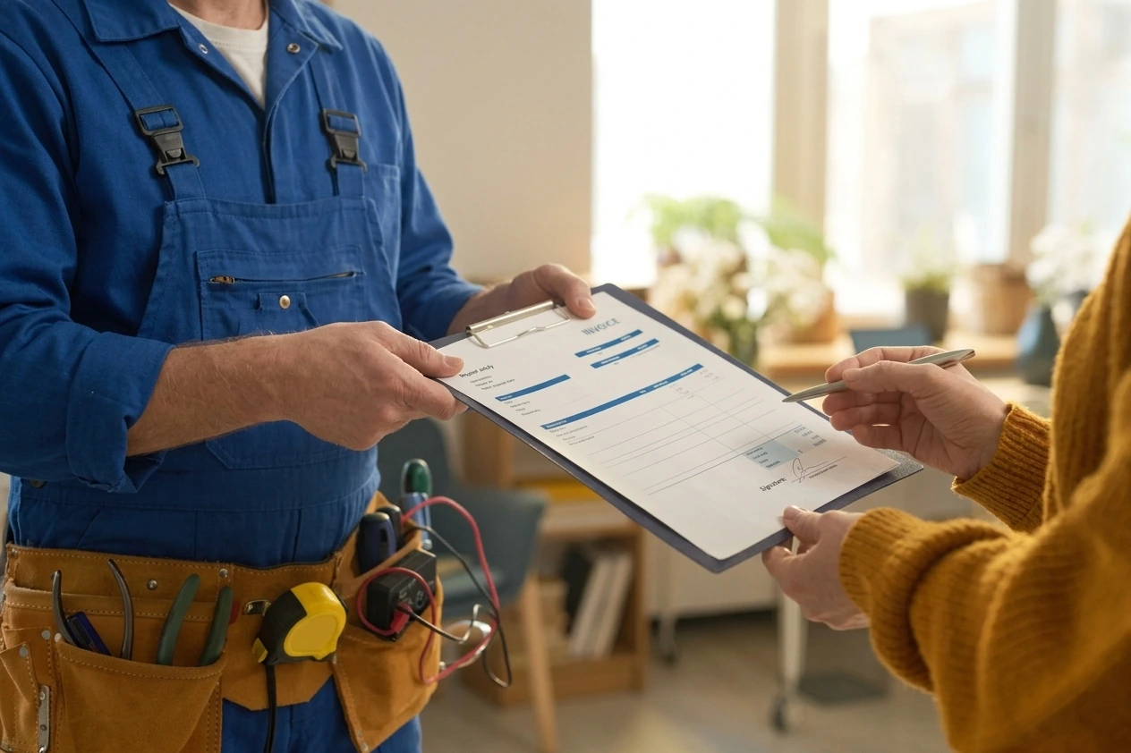 Engineer handing over an invoice after a repair