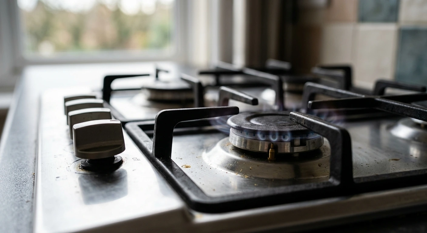 Close-up of a lit gas hob burner