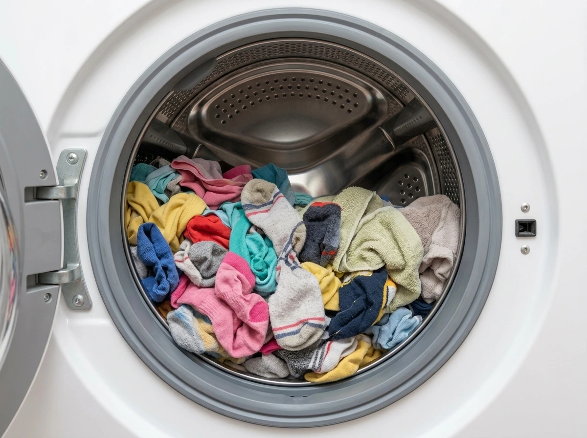 Washing machine drum full of laundry